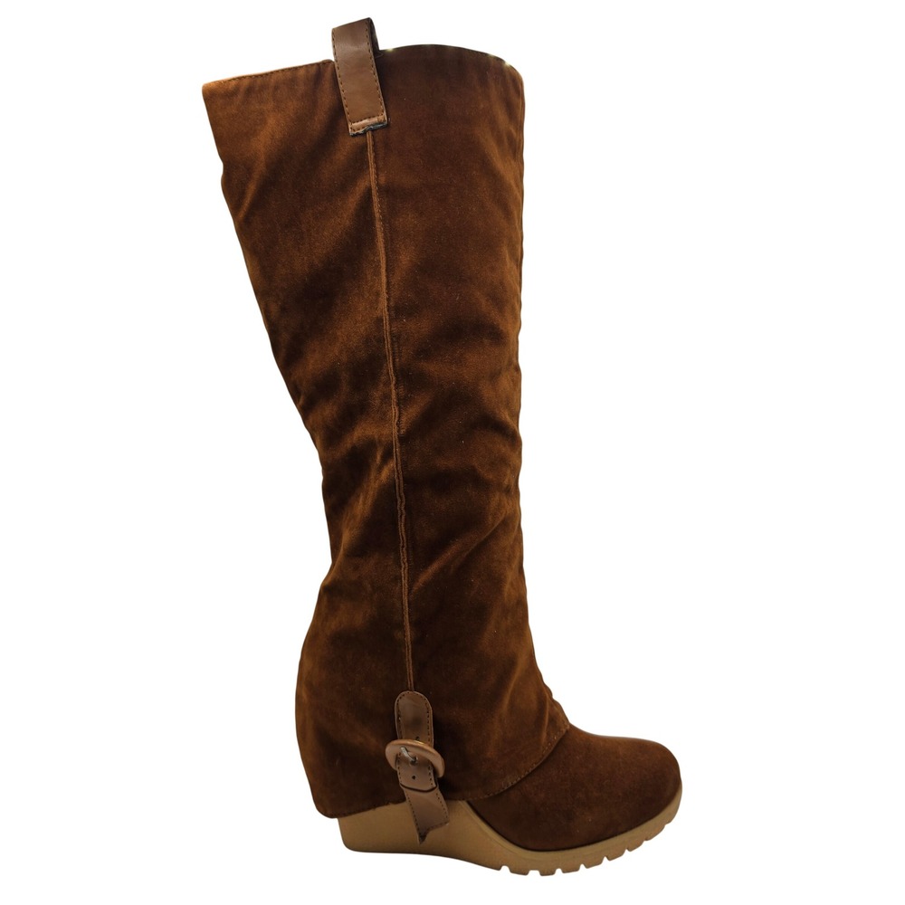Just Fabulous Wedge Boots Womens 7 Brown Excellent Faux Suede Tall Buckle Lug